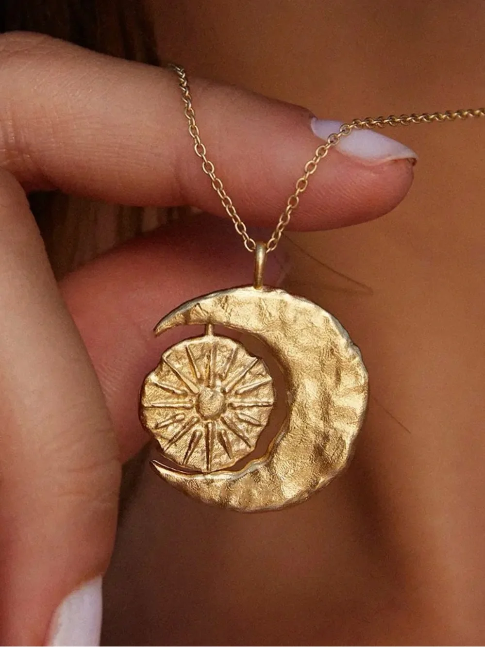 Phébé Necklace | Jewelry Gold Crescent Moon Rotating Sun | Made in Paris France